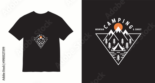 Mountain camping and sunset graphic design for t-shirt.