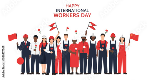 Diverse group of workers celebrating International Workers Day with flags and solidarity