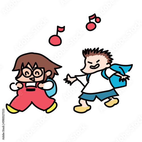 ランドセル開けっ放しで登校するいたずらっこの小学生とめがねの小学生