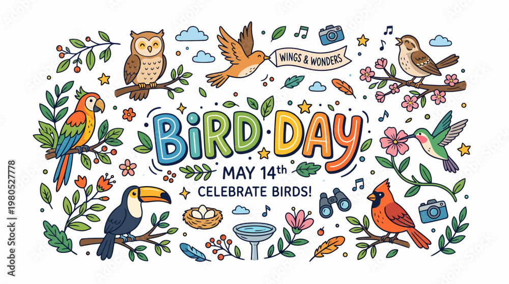 Fototapeta premium Bird Day Celebration Illustration with Various Birds and Nature Elements