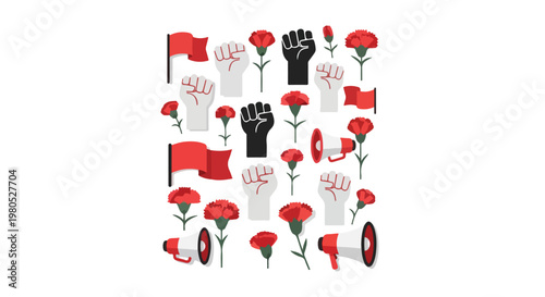 Labor Day solidarity illustration with roses, fists, and flags for worker protest and union awareness on International