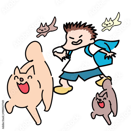 ランドセル開けっ放しで登校するいたずらっこの小学生と動物たち
