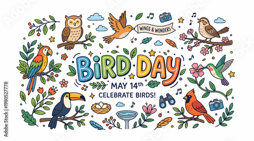 Bird Day Celebration Illustration with Various Birds and Nature Elements