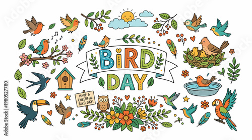 Bird Day Celebration with Cute Birds, Nest, and Flowers