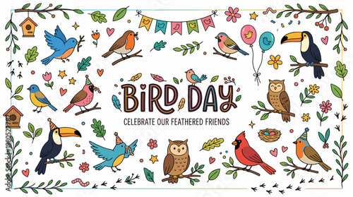 Bird Day Celebration: Cute Birds, Bunting, Flowers, Leaves