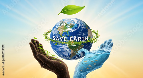 Save the Earth: A symbolic representation of global conservation, where hands gently cradle the planet, emphasizing the importance of preserving our natural world.