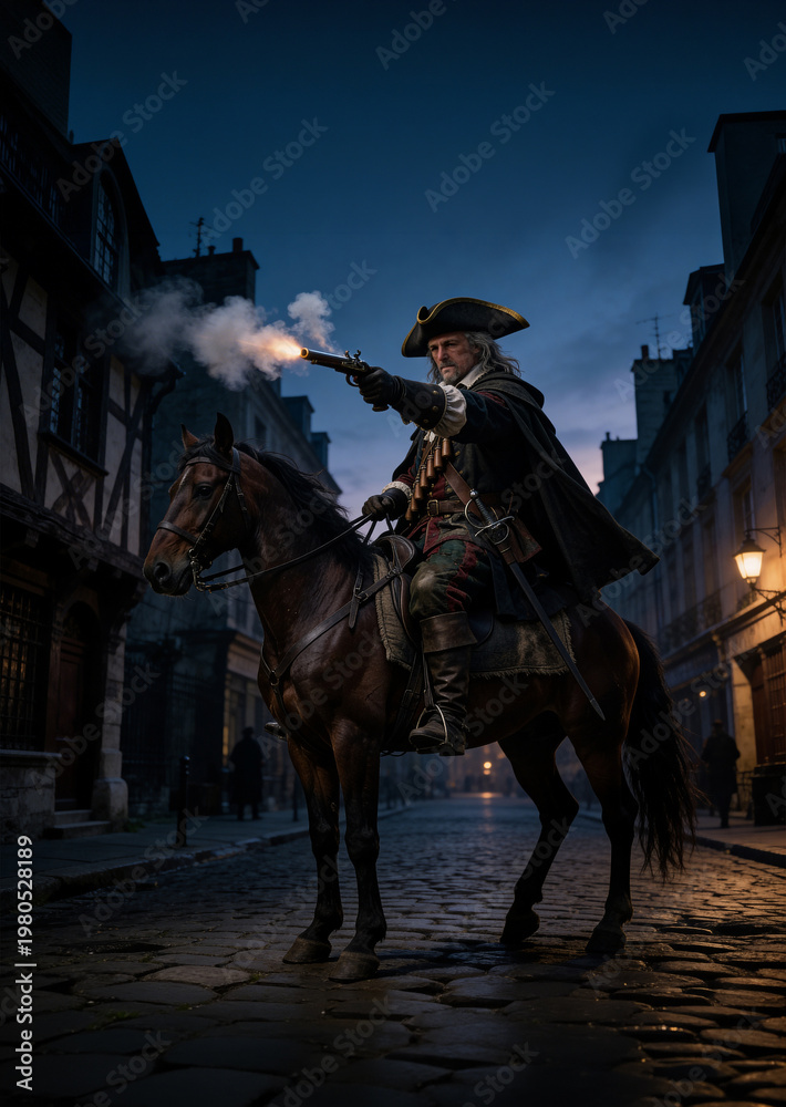Naklejka premium 18th-century figure—reminiscent of a Musketeer highwayman —on horseback in a city at dusk