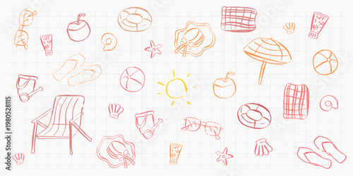 Hand drawn summer doodle set with beach elements including umbrella, chair, sun, coconut, sandals, and seashells in playful sketch style, creative collection for stickers and social media design