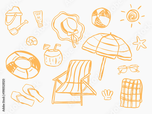 Minimal yellow line art summer doodle set with beach elements including umbrella, chair, coconut drink, sandals, and sun in clean outline style, vector collection for branding and UI design