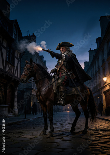 18th-century figure—reminiscent of a Musketeer highwayman —on horseback in a city at dusk