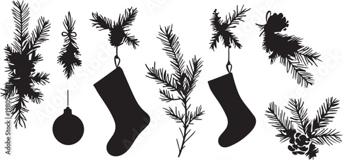 Christmas stocking hanging silhouette with grass and tree nature winter holiday decoration