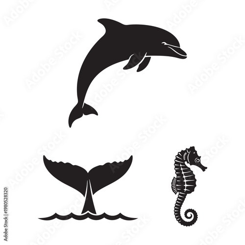 Marine animal icons with dolphin whale tail seahorse