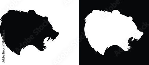 Black and white silhouette of a snarling bear head
