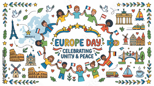 Europe Day Unity Peace Diverse People Flags Landmarks Celebration