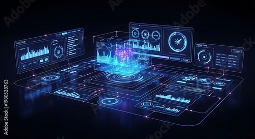 A collection of futuristic computer screens displaying data