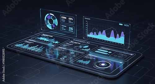 A futuristic dashboard with graphs and charts on a black background