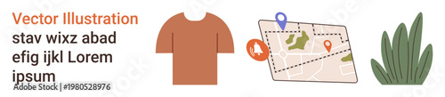 Fashion design, navigation tools, travel, geography, outdoor exploration, eco . T-shirt beside a map with location markers and plants. Fashion design and navigation tools concept