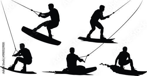 Black Silhouette Vector Set of Professional Wakeboarders Performing Jumps and Stunts on Water Surface Isolated on White Background for Summer Sports and Action Graphics