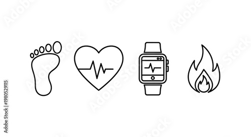 Health and Fitness Icons: Footprint, Heartbeat, Smartwatch, Fire