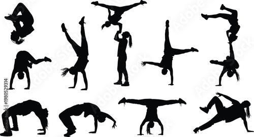 Dynamic silhouettes of break dancers performing acrobatic street dance moves, handstands, flips, and freestyle poses showcasing energy, balance, and urban hip hop culture art