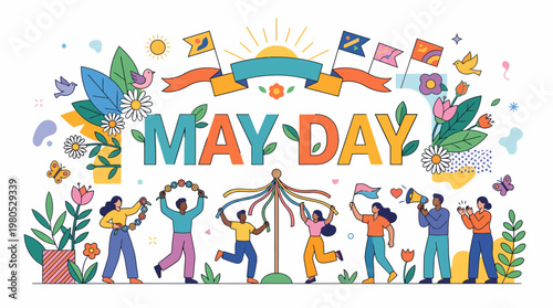 May Day Celebration: People Dancing Around Maypole, Flowers, Flags