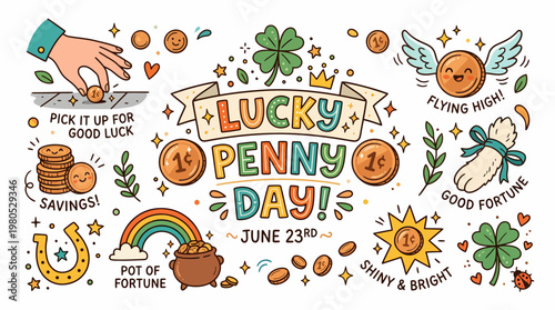 Lucky Penny Day June 23rd Cute Illustration with Luck Symbols