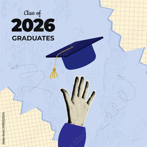 Graduation collage with halftone hand and academic cap on blue background. Class of 2026 celebration design in contemporary cutout style. Vector illustration
