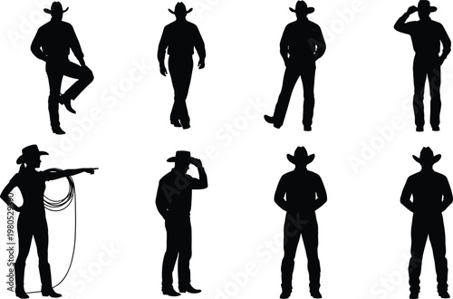 Collection of cowboy silhouette poses with hat boots and lasso, western ranch characters isolated on white background, walking standing pointing and tipping hat gestures