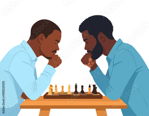 Two Black men in light blue shirts playing chess, deep in thought, on a wooden table with a white background.