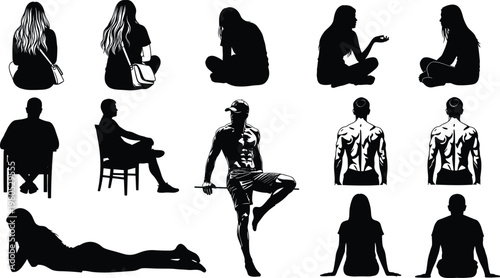 Collection of Black Silhouettes Featuring Men and Women Sitting Resting and Lying Down in Various Poses Isolated on White Background for Diverse Design Projects
