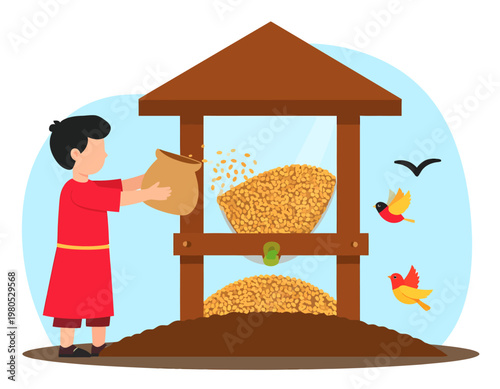 Young boy filling a large wooden bird feeder with seeds, attracting colorful birds in a garden setting.