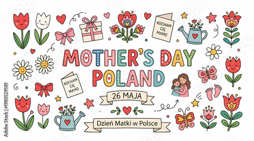 Mother's Day Poland 26 Maja Illustration - Tulips, Gifts, Mom and Child