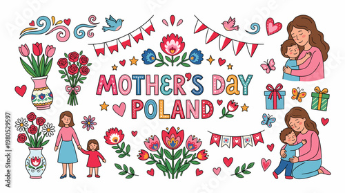 Mother's Day Poland Illustration: Mom Hugging Child, Flowers, Flags