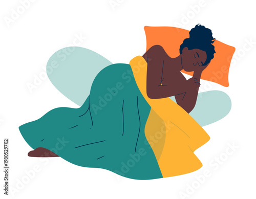 A dark-skinned woman sleeping peacefully in bed under a teal and yellow blanket with an orange pillow.