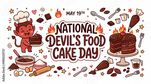 National Devil's Food Cake Day - Cute Devil Baking Chocolate Cake