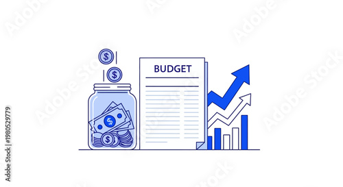 Budgeting and Financial Growth Concept: Money Jar, Budget Sheet, and Upward Arrow Graph