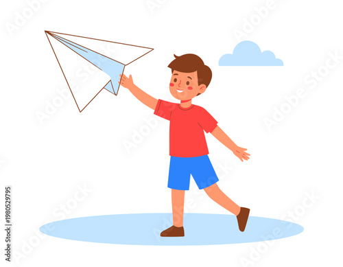 A happy cartoon boy in a red shirt and blue shorts playing with a paper airplane outdoors.