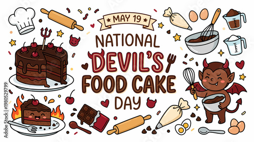 National Devil's Food Cake Day illustration with cute devil and chocolate cake