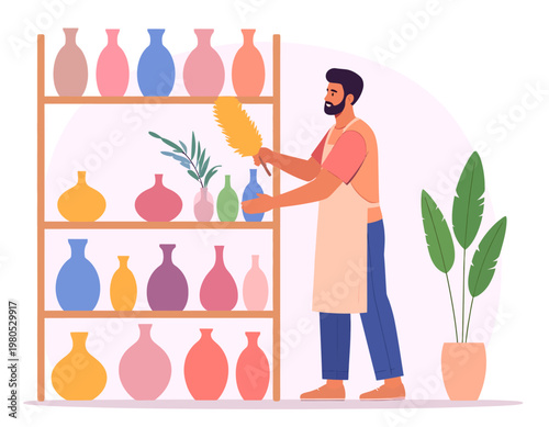 Man dusting and organizing various pottery vases on a shelf in a boutique. Retail, cleaning, and ceramic shop concept. Flat vector illustration.