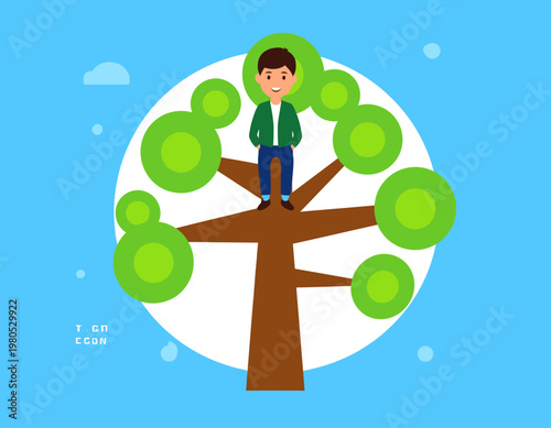Young man sitting high up on a large tree among green leaves. Nature connection, exploration, and freedom concept. Flat vector illustration.