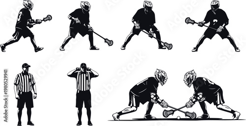 Collection of Black Lacrosse Player Silhouettes and Referees in Various Action Poses Including Faceoff and Game Play Isolated on White Background for Sports Design Projects
