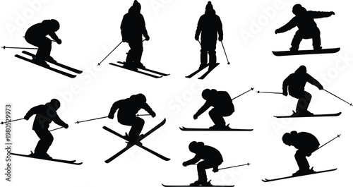 Set of Black Silhouettes Featuring People Skiing and Snowboarding in Various Action Poses Isolated on White Background for Winter Sports and Activity Designs