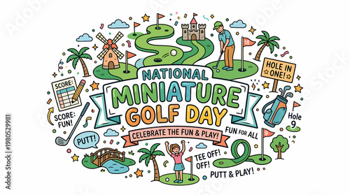 National Miniature Golf Day Celebration Fun Play Cartoon Vector