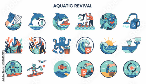 Ocean Conservation Icons: Marine Life and Recycling