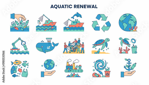 Ocean Conservation Icons: Pollution, Recycling, Wildlife, Earth