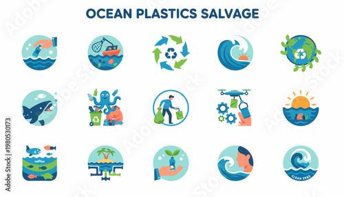 Ocean Plastics Salvage Icons: Environmental Cleanup and Recycling