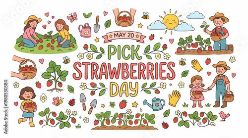 Pick Strawberries Day Illustration with Children and Farm Elements