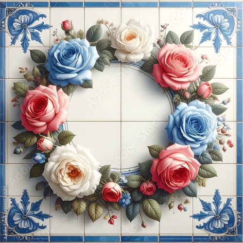 Floral wreath of roses in various hues, arranged on a tile surface with blue and white floral border. A central empty space