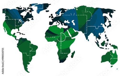 Map with green and blue puzzle pieces isolated continents