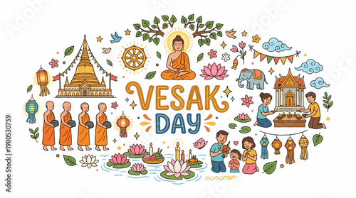 Vesak Day Celebration: Buddha, Monks, Temples, Lotuses